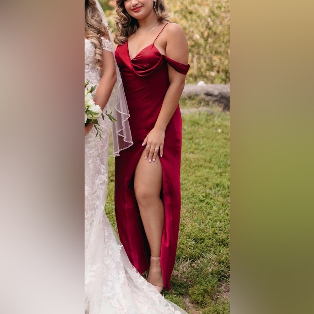 Meshki Soleil Satin Off Shoulder Maxi Dress